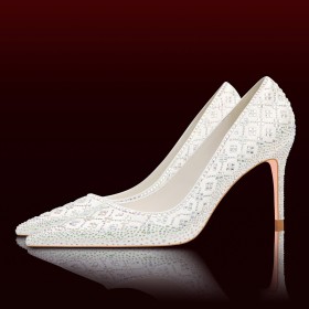 Crystal Bridal Shoes Evening Party Shoes Satin White Sparkly Pumps 8 cm High Heel Pointed Toe