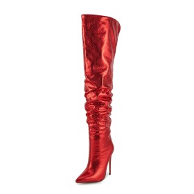 High Heel Stiletto Moderne Stiefel Schlangenmuster Metallic Rot Overknees Boots Damen Spitz Geprägt