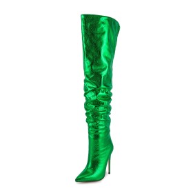 Green 12 cm High Heel Metallic Snake Printed Modern Tall Boot Stiletto Heels Thigh High Boots For Women Sparkly Faux Leather