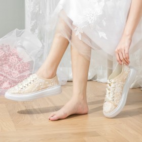 Platte Satijnen Kanten Damesschoenen Sneakers Bruidsschoen Comfortabele Mode Plateauzool Champagne