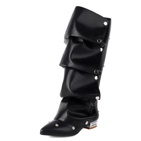 Comfort Flat Shoes Faux Leather Knee High Boots Tall Boot Patent Fur Lined Pointed Toe Slouch Studded