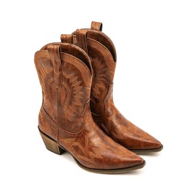 A Talon Mi Haut Cuir Brodé Originale Bottes Mi Mollet Talon Epais Talons Carrés