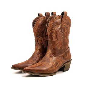 A Talon Mi Haut Cuir Brodé Originale Bottes Mi Mollet Talon Epais Talons Carrés