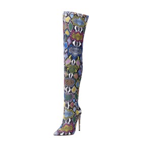 Multicolor 4 inch High Heel Tall Boot Stiletto Stretchy Sock Patent Over Knee Boots Snake Print