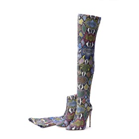 Multicolor 4 inch High Heel Tall Boot Stiletto Stretchy Sock Patent Over Knee Boots Snake Print
