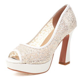 Platform Glitter 4 inch High Heel Ivory Sandals Thick Heel Sparkly