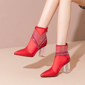 High Heels Sandal Boots Chunky Heel With Rhinestones Red Going Out Shoes Dance Shoes Ankle Boots Sparkly Pointed Toe Evening Party Shoes Tassel Fashion Closed Toe Leather Block Heel