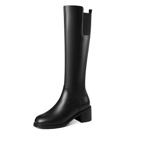 Round Toe Stretchy Block Heels Knee High Boots Classic Tall Boot Riding Boots Low Heel Black Going Out Footwear