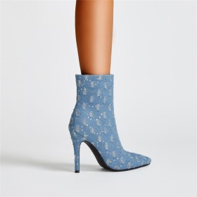 Glitter Vrijetijds Spitse Neus Sparkle Laarsjes 10 cm High Heel Lichtblauwe Elegante Denim