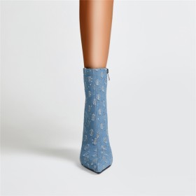 Glitter Vrijetijds Spitse Neus Sparkle Laarsjes 10 cm High Heel Lichtblauwe Elegante Denim