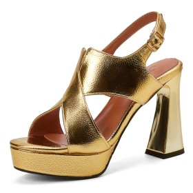 Slingback Plateau 10 cm Hoge Hakken Metallic Blokhak Gesp Peeptoes Sandaaltjes Elegante