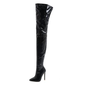 Lack Moderne Gefütterte Stilettos Mit Nieten 12 cm High Heels Schwarz Overknee Stiefel Winter Spitz Hohe Stiefel