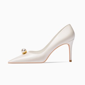 Stilettos Mit Perle Satin Damenschuhe Spitz Ivory Pumps Elegante Ballschuhe Brautschuhe Mit 8 cm High Heel