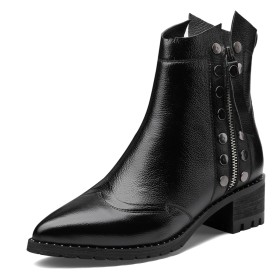 Classic Ankle Boots Studded Black Patent Chunky Hee Leather Fur Lined 2022 5 cm Low Heel Block Heel Comfort