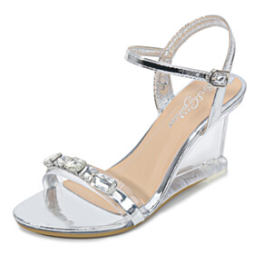 Elegant Strappy Wedges Faux Leather Ankle Strap Peep Toe Sparkly Silver Dress Shoes 3 inch High Heel Sandals