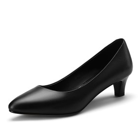 Low Heeled Black Comfortable Kitten Heel Leather Pumps Closed Toe Classic