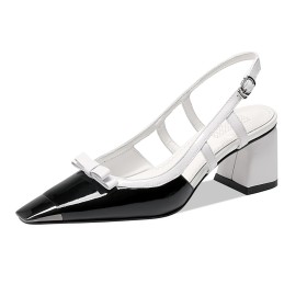 Zwarte Chique Lak Blokhakken Sandalen Leer Business Casual Comfortabele Elegante Lage Hakken