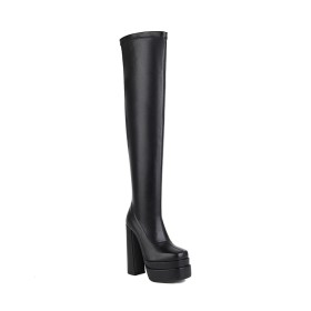 Overknees Winter 15 cm High Heels Schwarze Gefütterte Boots Geschlossene Zehe Stiefel Damen Mit Blockabsatz Karree Spitze 2022 Plateau