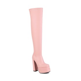 15 cm High Heel Classic Fur Lined Thigh High Boot For Women Platform Pink Block Heels Thick Heel Square Toe Faux Leather