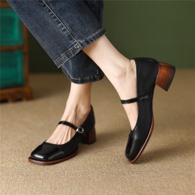 Chunky Heel Casual Classic 4 cm Low Heel Comfort Patent Leather Block Heels With Ankle Strap Leather
