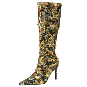 Gold Glitter 4 inch High Heel Flowers With Crystal Fashion Sparkly Evening Party Shoes Luxury Knee High Boot Tall Boot Stiletto Heels Rhinestones