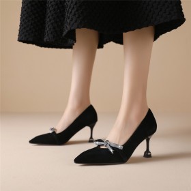 Leather Pumps Stiletto Elegant Black Suede With Bowknot Dressy Shoes 7 cm Mid Heel