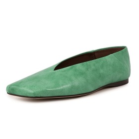 Chaussure Femme Verte Bout Carré Cuir Confortables Loafers Plate