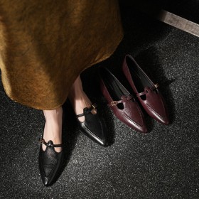 Classic Comfortable T Strap With Ankle Strap Loafers Grained Low Heeled Belt Buckle