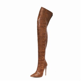Classic Stiletto Heels 12 cm High Heels Tall Boot Over Knee Boots Vintage Fur Lined Snake Print Embossed