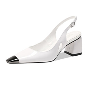Leather Pumps Comfortable Elegant Patent Leather Chunky Heel Block Heel Cute White 2 inch Low Heel Dressy Shoes