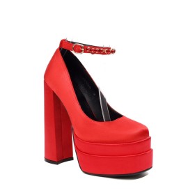 6 inch High Heel Red Dress Shoes Beautiful Rhinestones Satin Block Heel With Ankle Strap Platform