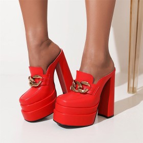 Block Heel 15 cm High Heels Chunky Platform Leather Womens Sandals With Metal Jewelry Red Mules