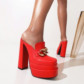 Block Heel 15 cm High Heels Chunky Platform Leather Womens Sandals With Metal Jewelry Red Mules