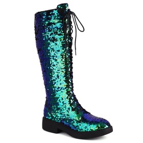 Round Toe Sparkly Sequin Green Multicolor Knee High Boot For Women Ombre