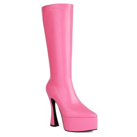 Pinke Hohe Stiefel Mit 15 cm High Heel Genarbte Leder Geschlossene Stilettos Kniehohe Kunstleder Mit Absatz