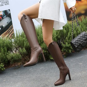 Femme Knee Boots Talon Epais Classique A Talon 10 cm Cuir Bottes Haute Femme Casual