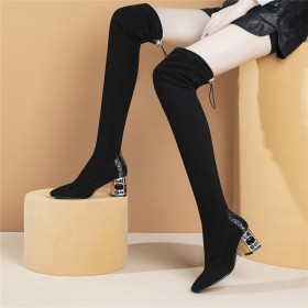 Thigh High Boots Black Mid Heels Tall Boots 2022 Chunky Heel Block Heels Suede Fur Lined Stretch With Crystal