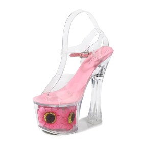 Strappy Chunky Heel Pink Cute Buckle Clear With Ankle Strap Peep Toe Flower Platform Womens Sandals