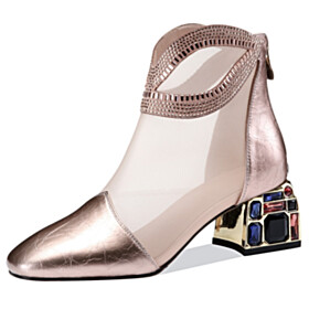 2 inch Low Heel Fashion Sandal Boots Chunky Block Heels Crystal Luxury Leather Booties Metallic