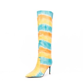 Stylish Yellow Tall Boot Stilettos Faux Leather Multicolor High Heel Patent Leather Knee High Boots For Women Going Out Shoes Pointed Toe Closed Toe Fur Lined