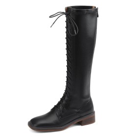 Comfortable Tall Boot Chunky Low Heels Lace Up Block Heels Flat Shoes Leather 2022 Knee High Boot Round Toe Riding Boot