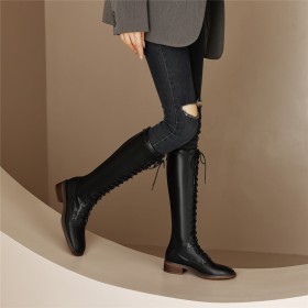 Comfortable Tall Boot Chunky Low Heels Lace Up Block Heels Flat Shoes Leather 2022 Knee High Boot Round Toe Riding Boot