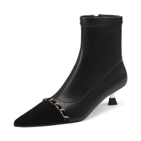 Pointed Toe With Metal Jewelry Low Heels Fur Lined Suede Kitten Heel Beautiful Color Block Black Ankle Boots Formal Dress Shoes