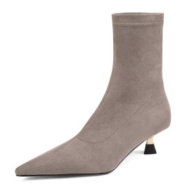 Elegant Fashion Sock Comfort Pointed Toe Low Heel Ankle Boots For Women Taupe Business Casual