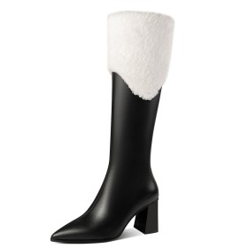 Fur Chunky Tall Boot High Heels Fluffy Leather Knee High Boot For Women Pointed Toe Block Heels