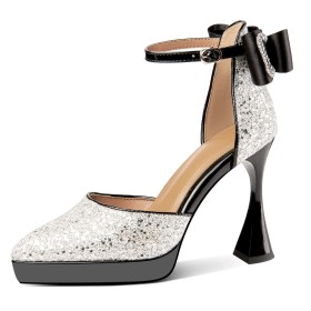 Sparkly With Bow Sandals Belt Buckle Sculpted Heel Silver Elegant 10 cm High Heels Dress Shoes Fashion