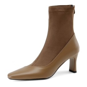 Elegant Sock Going Out Shoes Suede Business Casual Brown Ankle Boots For Women Classic Mid Heels Fur Lined Thick Heel Leather