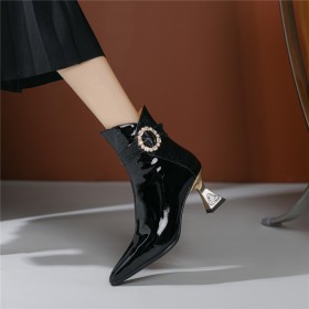 Mid Heels Dress Shoes Patent Booties Fur Lined Elegant Pearl Leather Pointed Toe