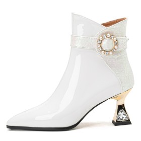 Snake Print Rhinestones Fur Lined White Booties With Pearls Patent Leather Beautiful 6 cm Mid Heels Dress Shoes