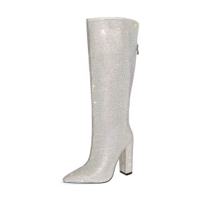 Knee High Boots Sequin Block Heels Fur Lined With Rhinestones Sparkly 4 inch High Heeled Faux Leather